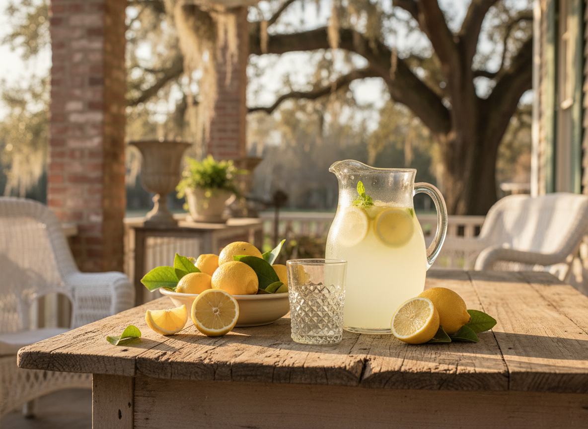 Fresh lemons and lemonade on a sunlit Southern porch table