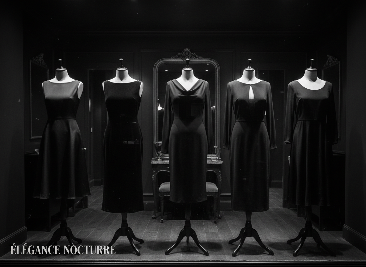 Mannequins displaying simple black dresses in an editorial vintage fashion setting