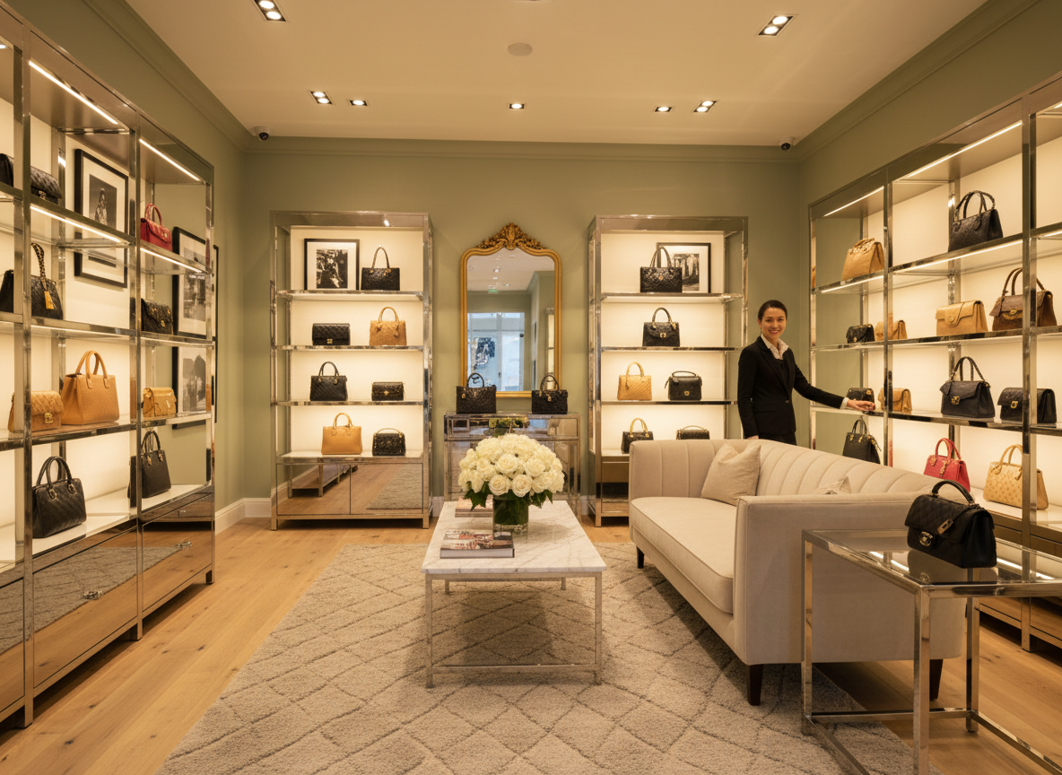 Upscale consignment boutique displaying luxury handbags on glass shelving