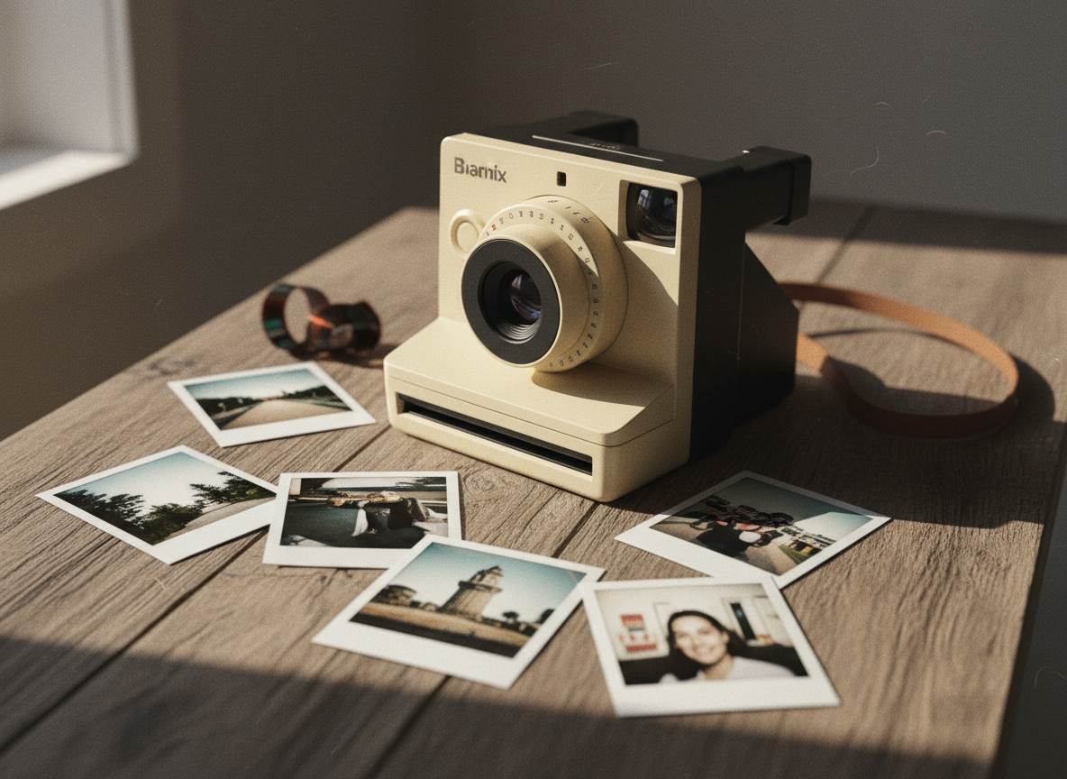 Vintage instant film camera with scattered photo prints