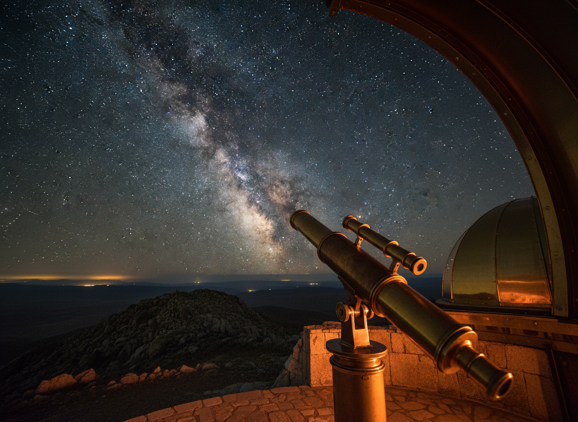 Vintage brass telescope pointed at a starry night sky