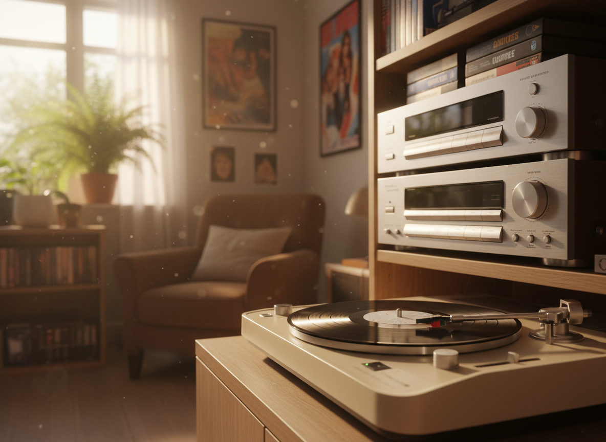 A vinyl record spinning on a retro turntable