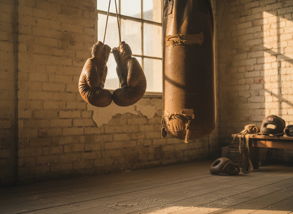 Worn vintage leather boxing gloves in a gym