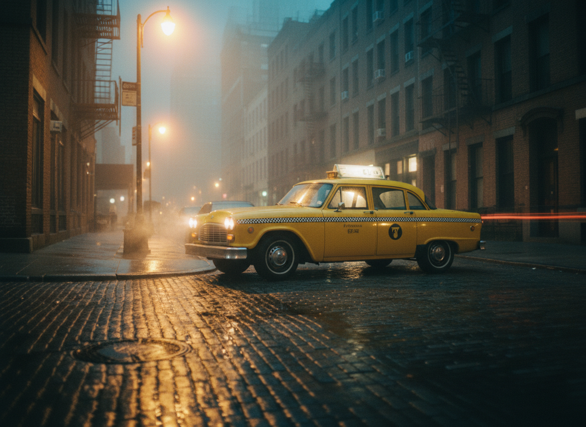 Classic yellow taxi cab on a New York City street at dusk