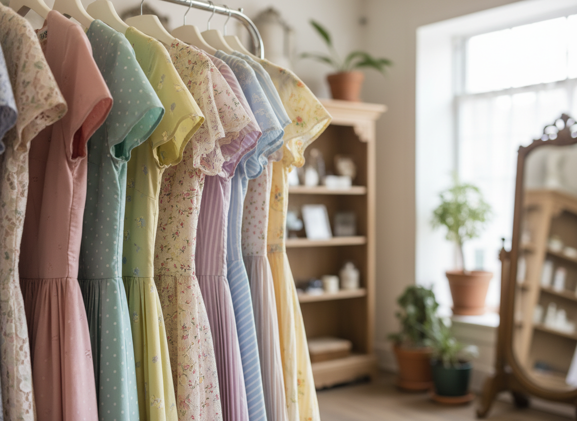 A rack of vintage 1950s dresses in a curated vintage clothing collection