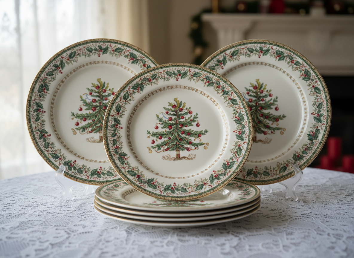 Vintage Spode-style Christmas china plates with holly and tree pattern on a lace tablecloth