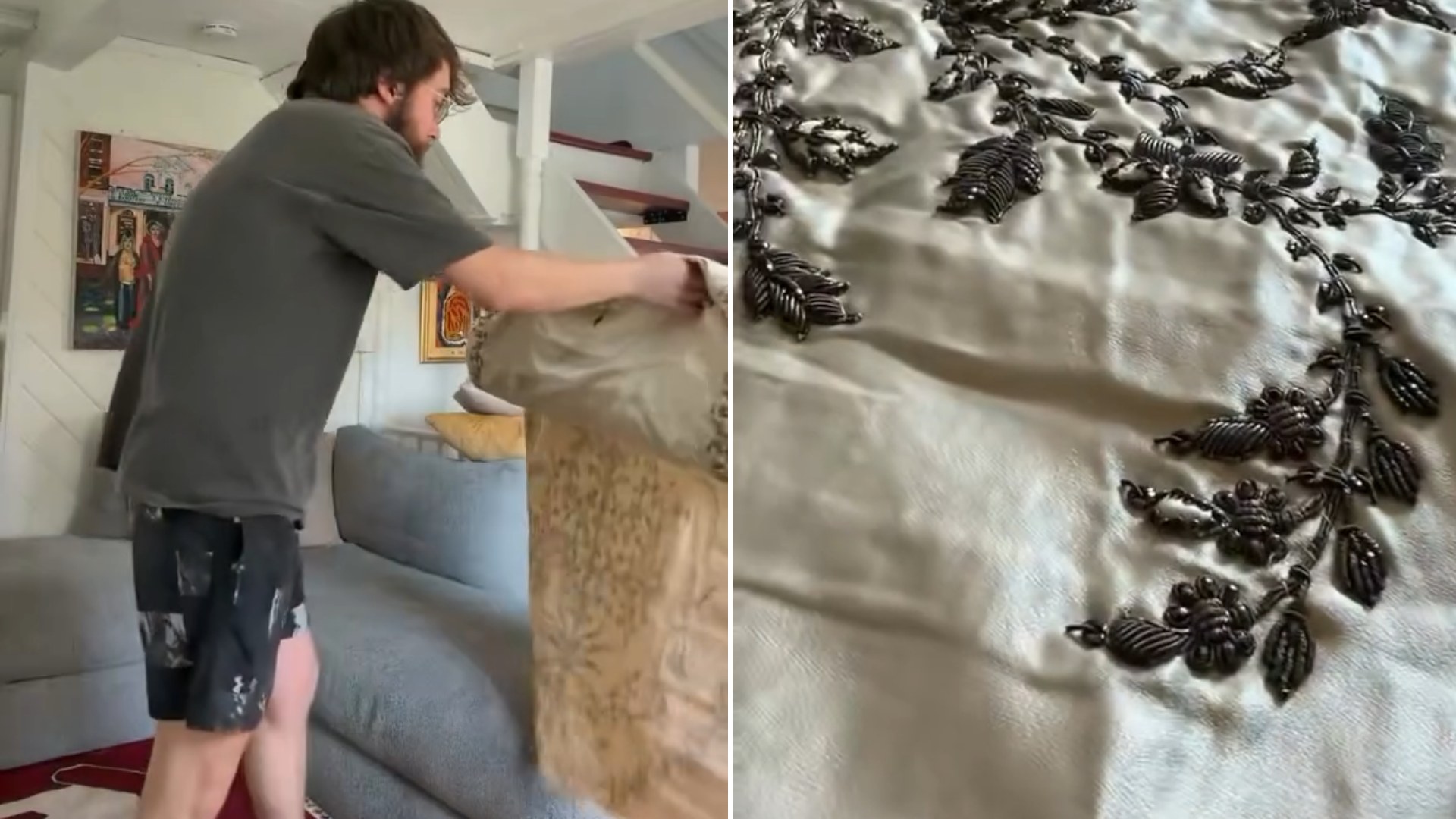 Two frames from the adamraiford Instagram reel: left, the collector holding up a large cream silk textile in his living room; right, a close-up of its dark metallic floral embroidery
