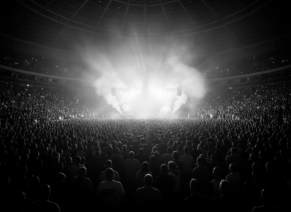 Grayscale photo of a packed arena concert crowd silhouetted against bright stage lights