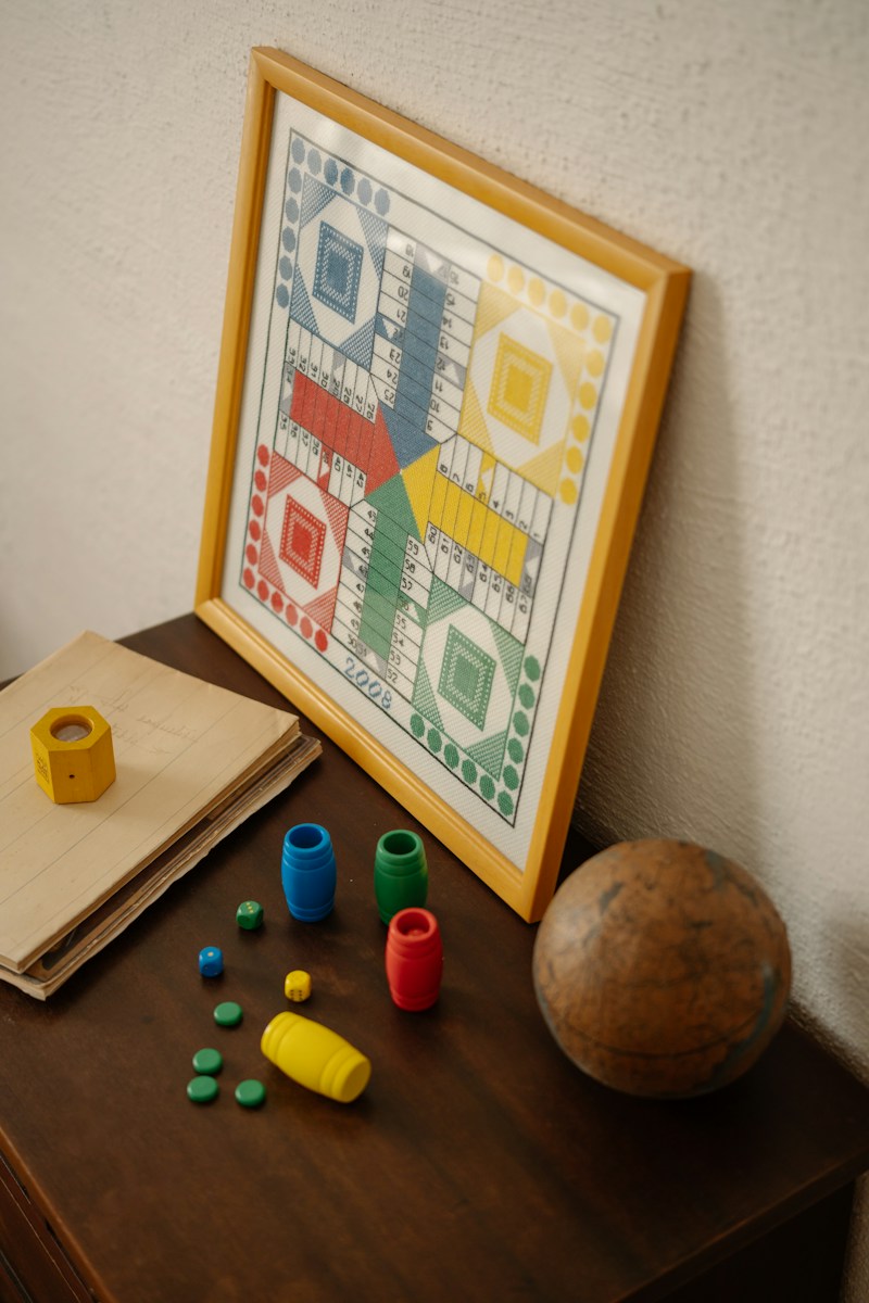 Ludo board game with its accessories is displayed