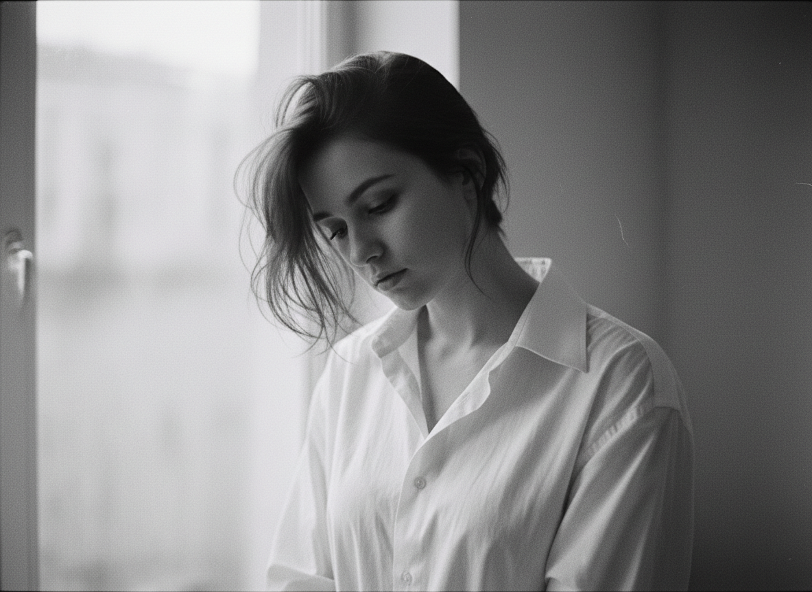 A single moody black-and-white photograph of a young woman shot on film, soft grain, minimalist portrait style reminiscent of a 2016 smartphone snapshot, no text, editorial nostalgic mood