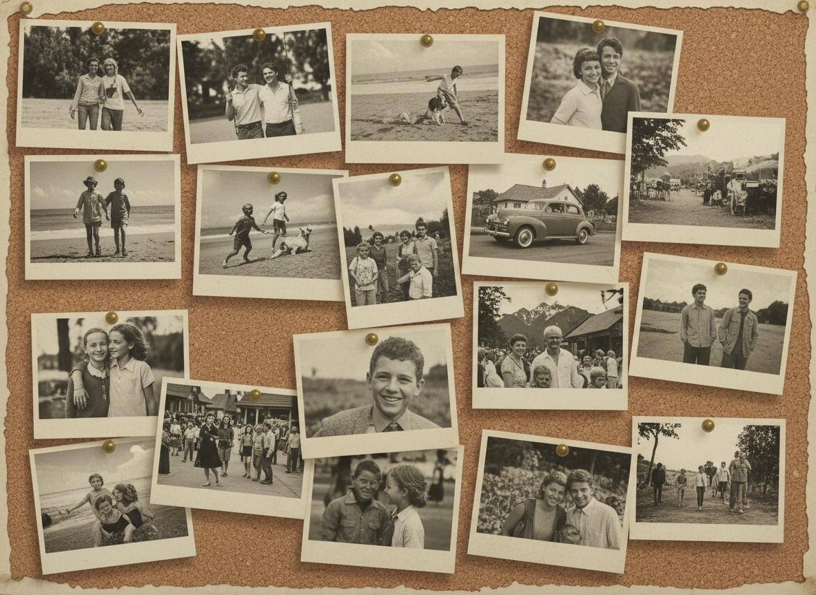 A collage of small black-and-white photographs pinned to a corkboard, vintage snapshot aesthetic