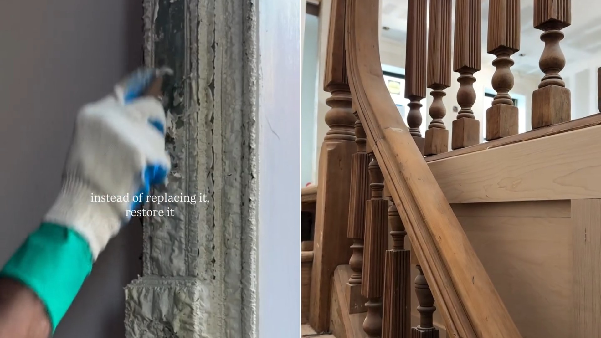 A gloved hand stripping old paint from original door trim, next to a fully restored antique wood staircase