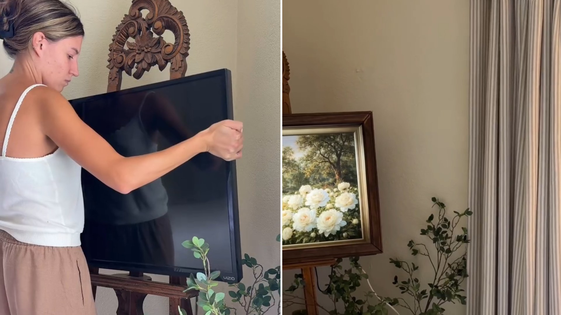 Two frames from the casa_della_mimosa Instagram reel: left, the homeowner placing a flat-screen TV onto a carved wooden easel; right, the finished result showing a framed floral painting on the screen