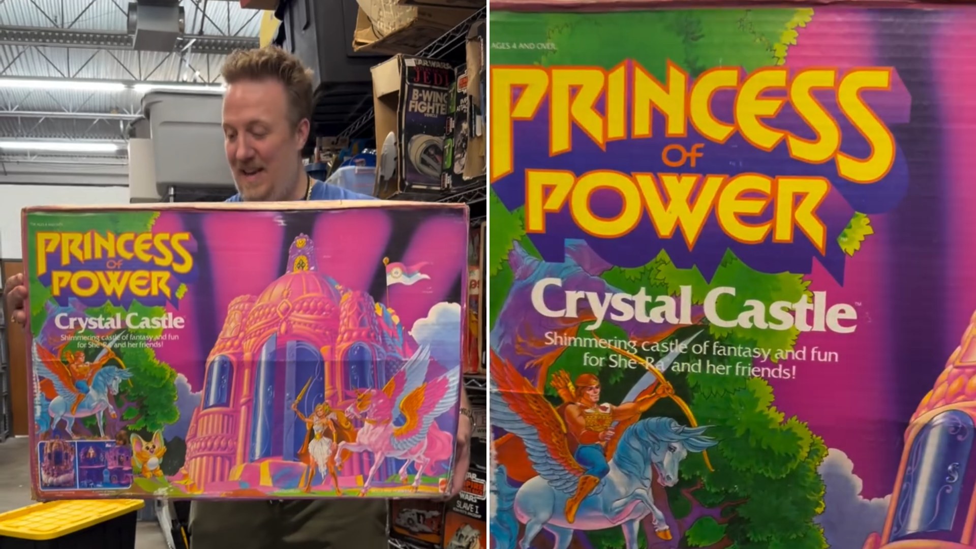 Vintage toy store owner holding a factory sealed 1984 Princess of Power Crystal Castle box, with a close-up of the box art