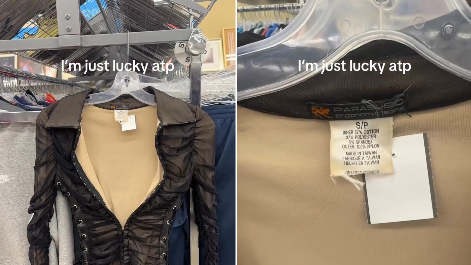 Two frames from the ctrl_kiss Instagram reel: left, a black ruched lace-up Parasuco top on a hanger at the thrift store; right, the Parasuco label inside the collar