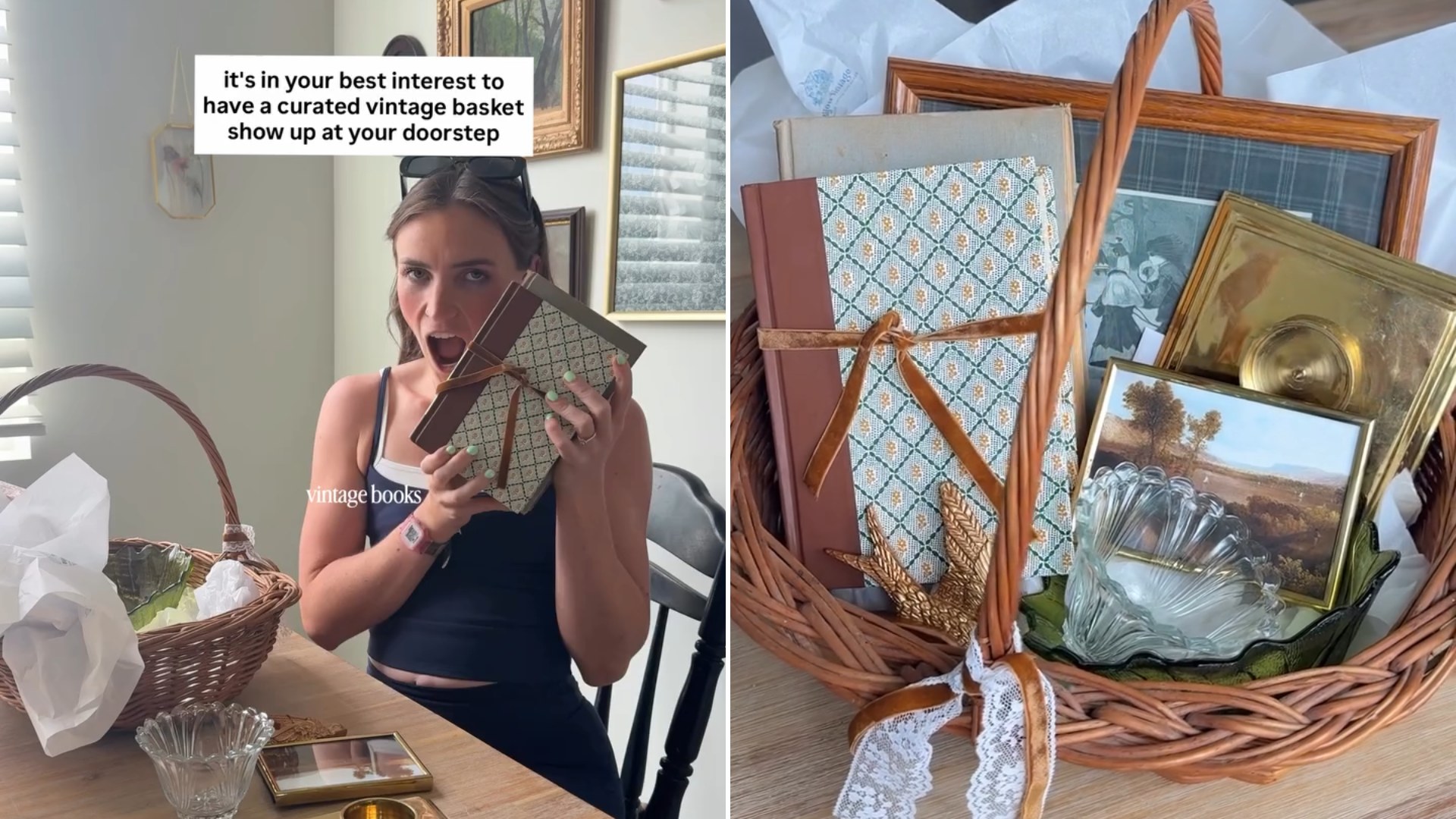 Creator reacting to a curated basket of vintage decor finds, with a close-up of the basket of vintage books, frames and glassware