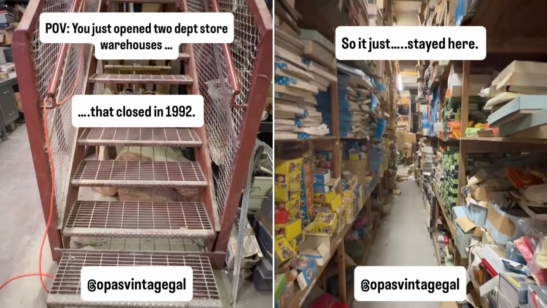 Metal staircase inside a department store warehouse closed since 1992, next to an aisle of shelves still packed with untouched inventory