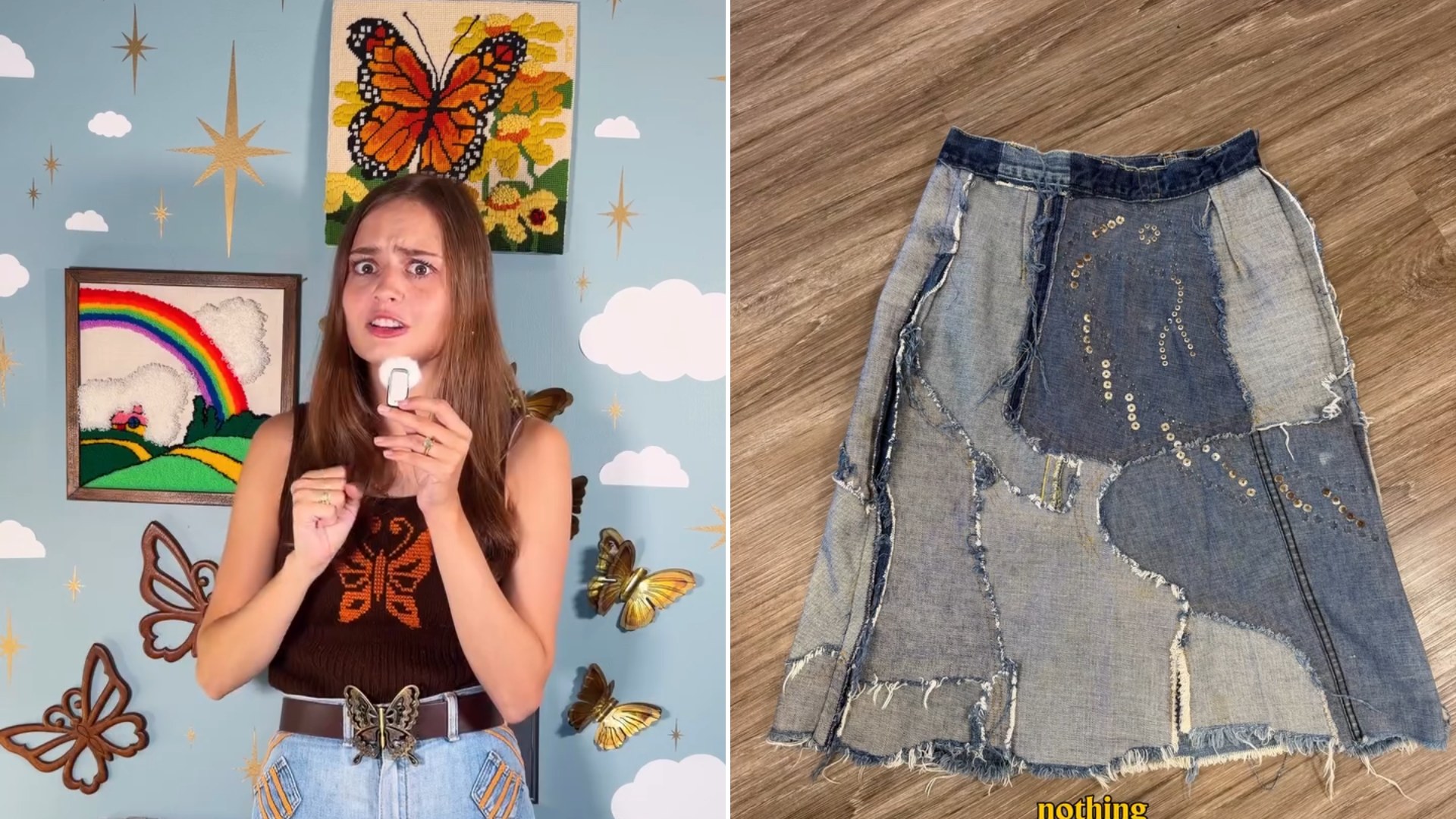 Creator reacting on camera next to the vintage patchwork denim skirt she bought on Depop and traced back to its original designer
