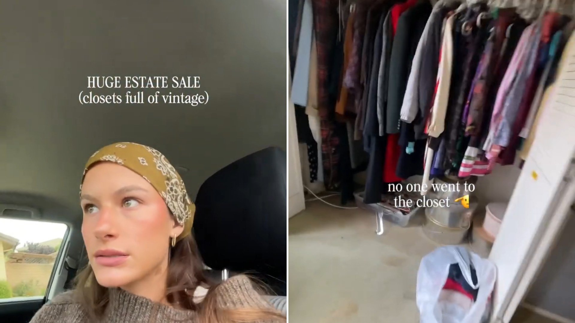 Vintage shopper in her car on the way to a huge estate sale, next to a closet packed full of decades-old clothing