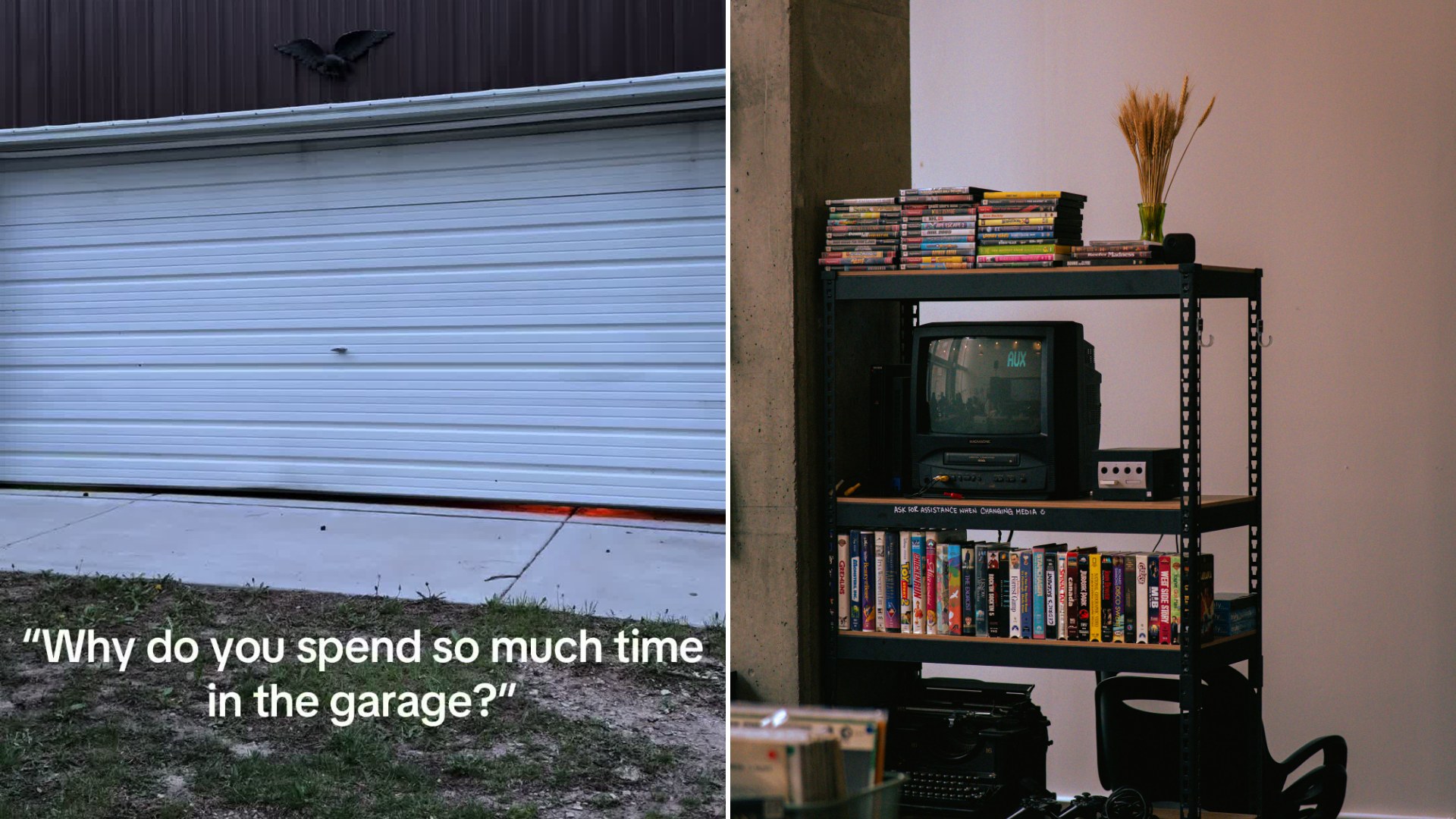 Garage door with caption next to a shelf of VHS tapes and an old TV