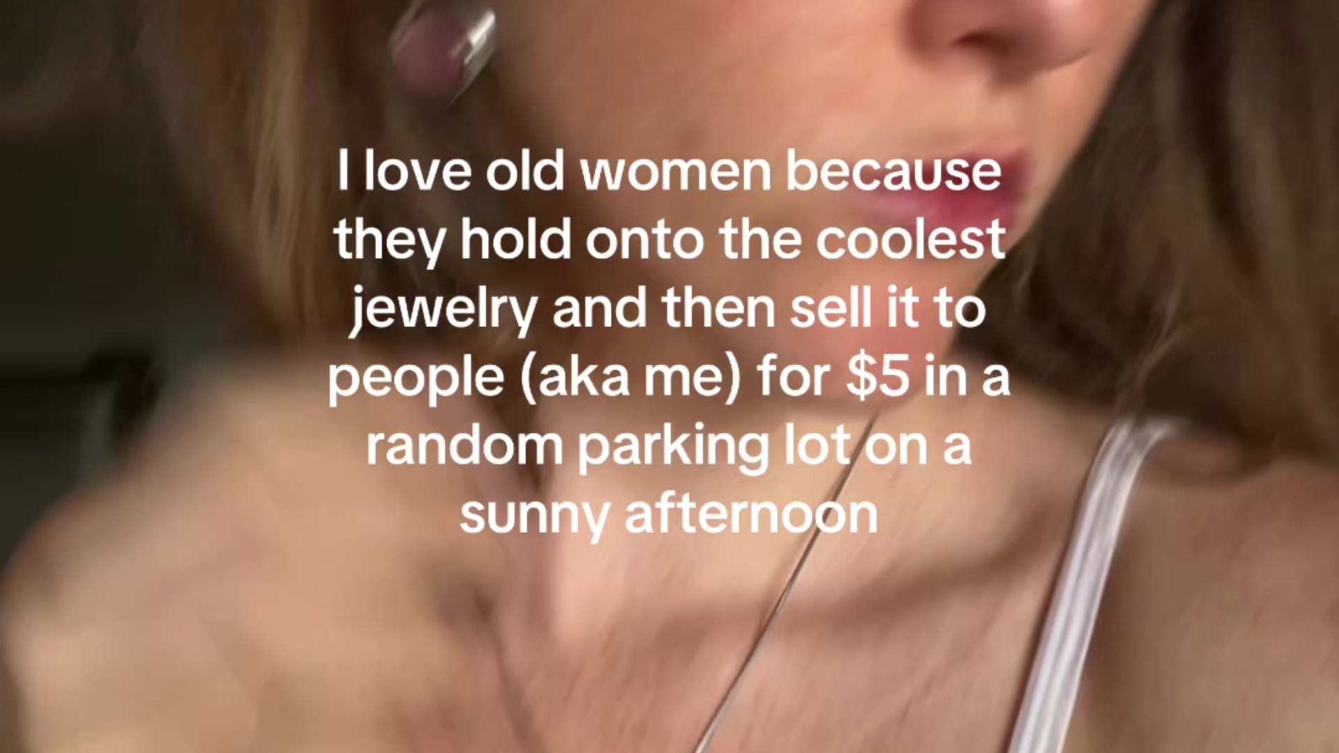 Shopper wearing a $5 flea market jewelry set with her caption about buying from grandmas