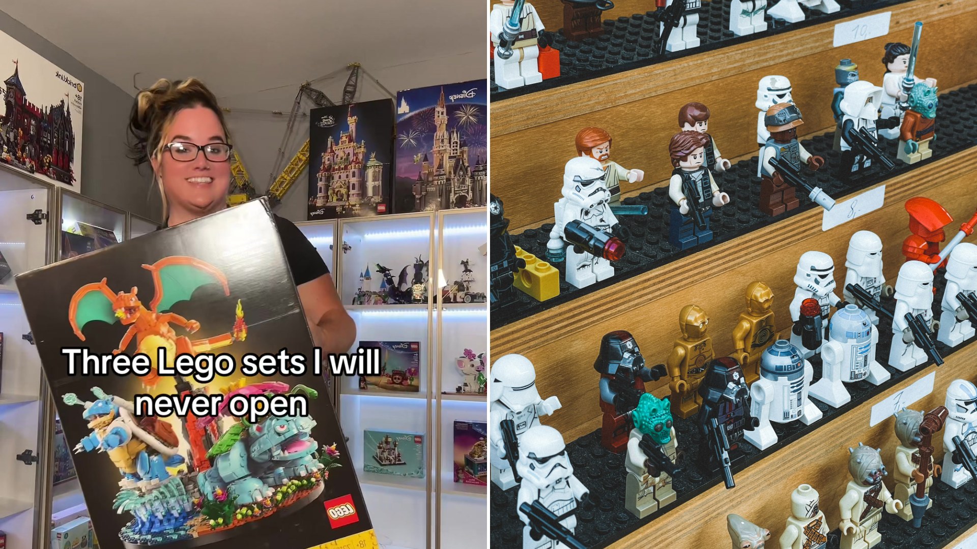 Lego collector holding a sealed set next to a Lego minifigure display case