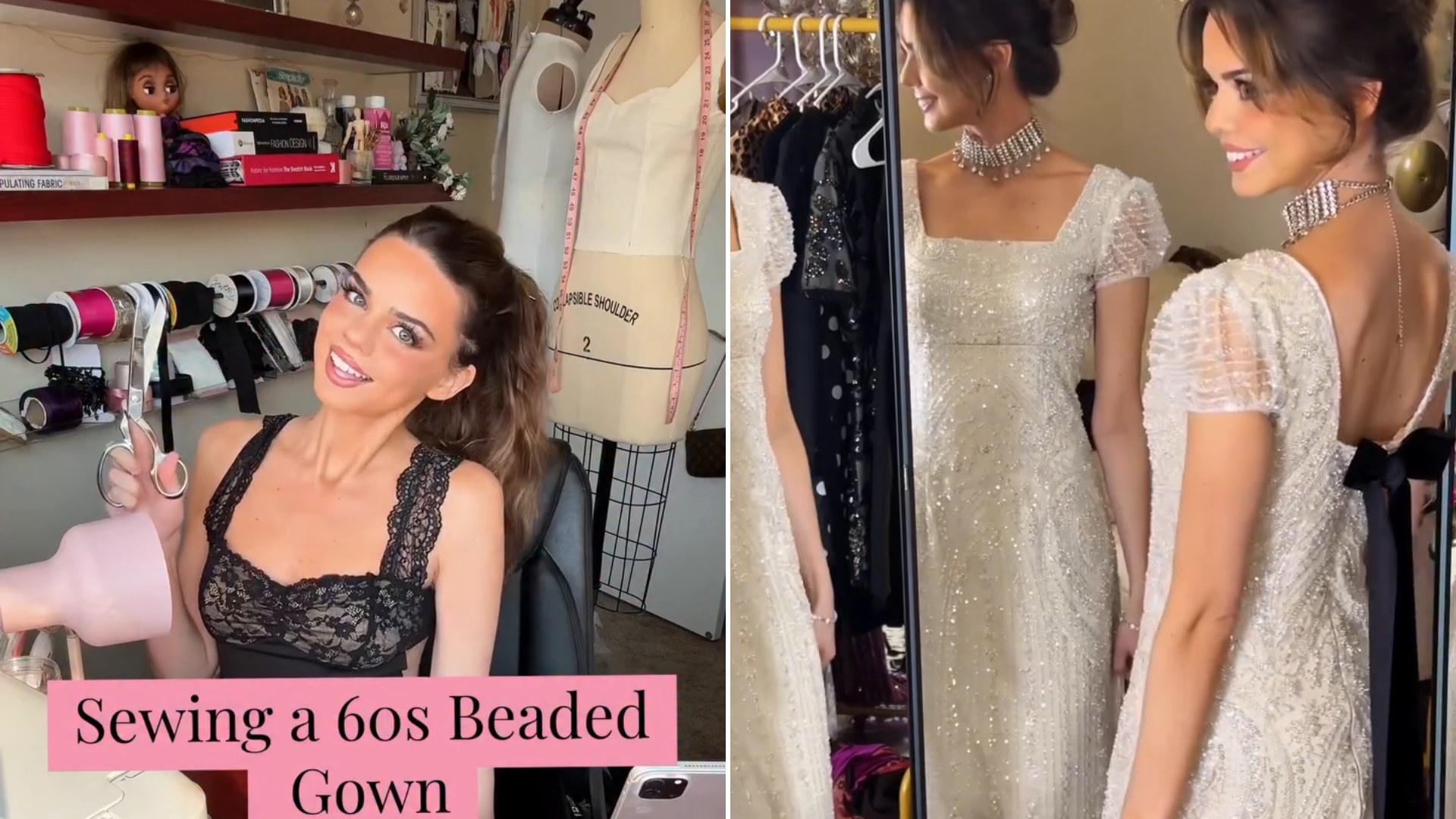 Seamstress Took an Original 1960s Sewing Pattern Envelope and Turned It Into a Fully Beaded Empire Waist Gown From Scratch, and the Finished Result Looks Like It Walked Out of a Museum