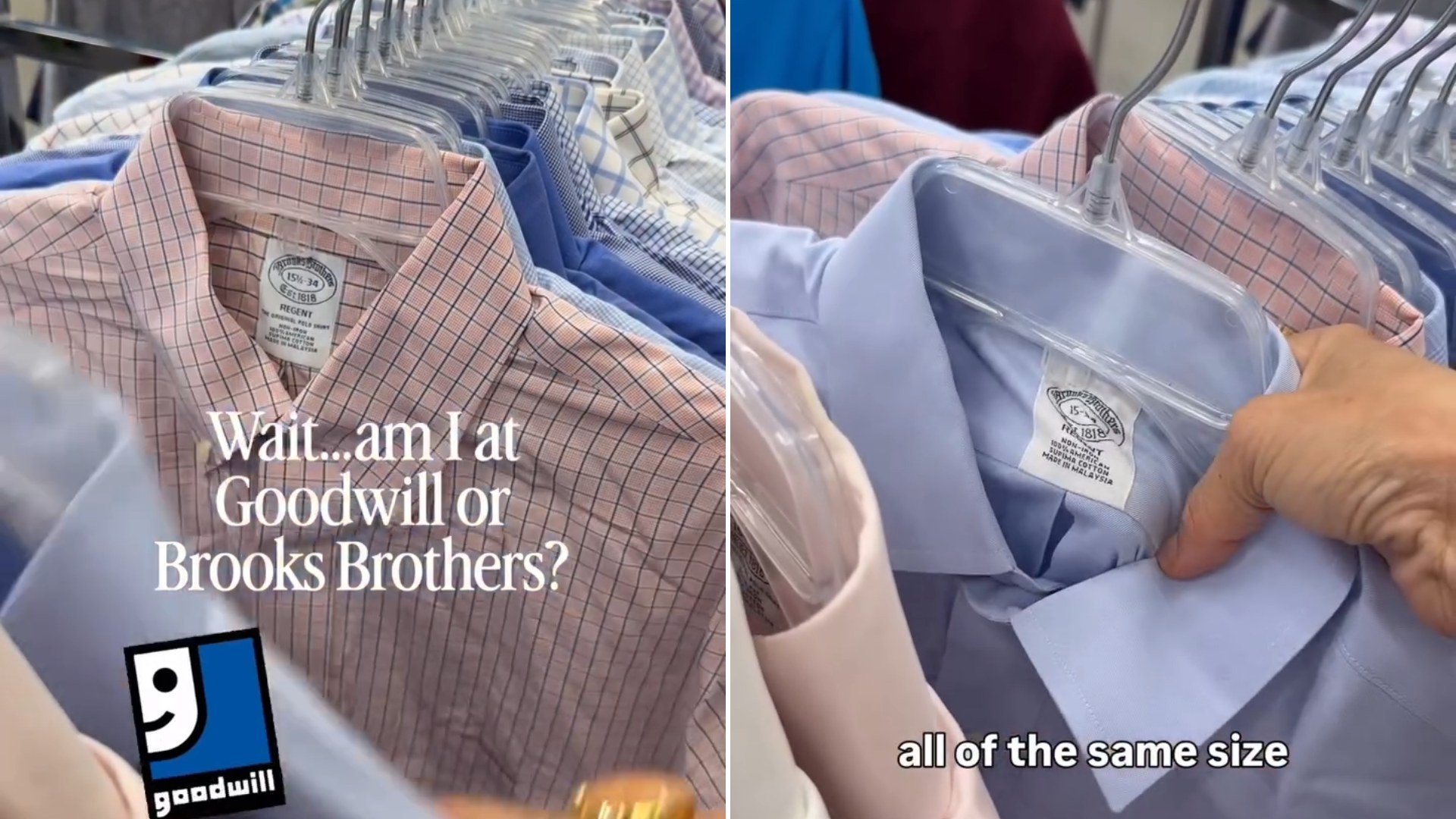 Rack of Brooks Brothers dress shirts found at Goodwill