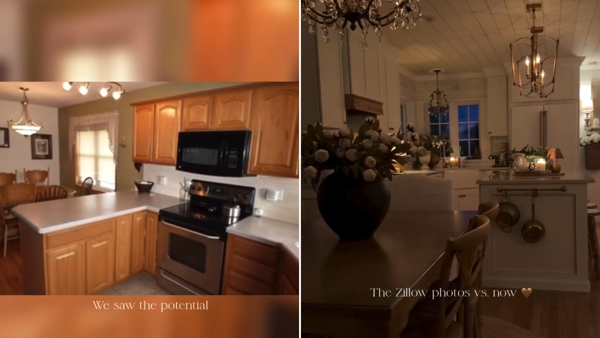 Zillow listing kitchen photo next to the finished vintage inspired redo