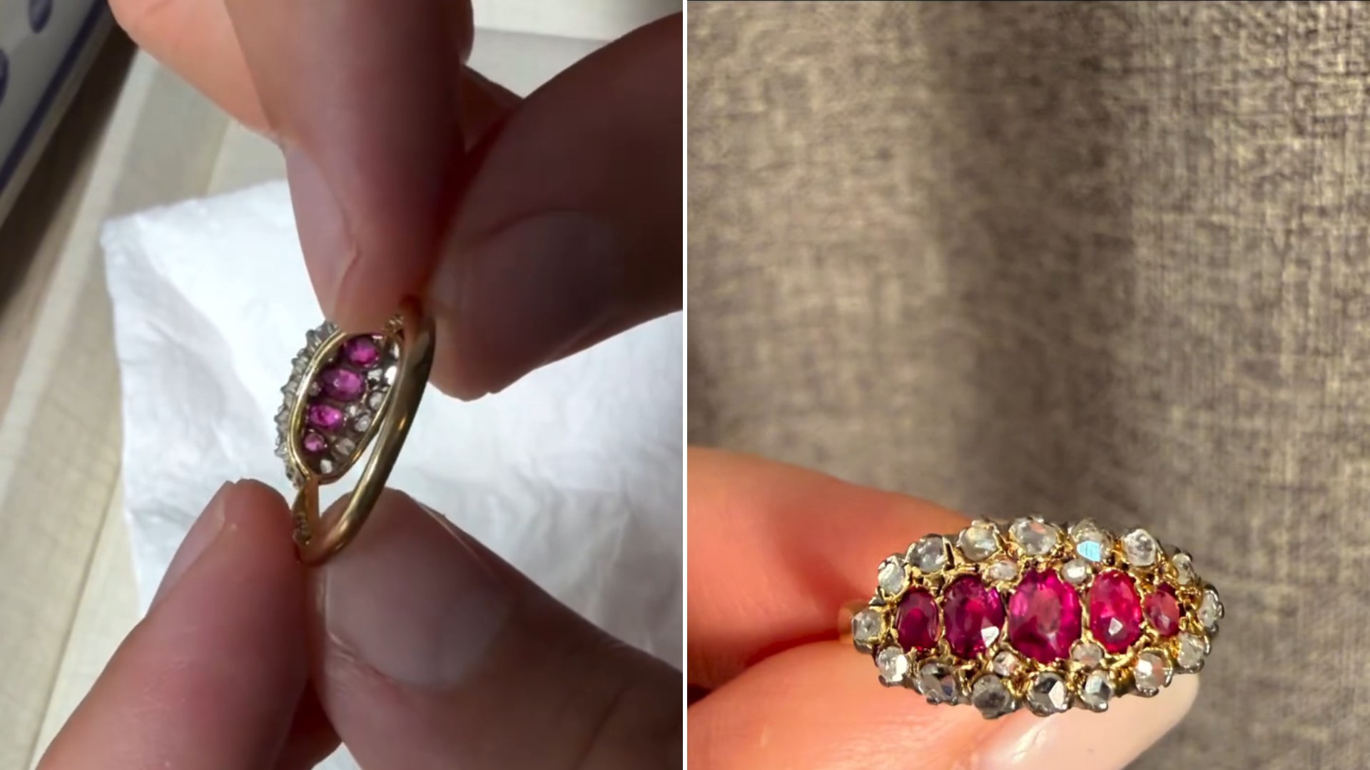 Jeweler holding a century old ruby ring before and after cleaning