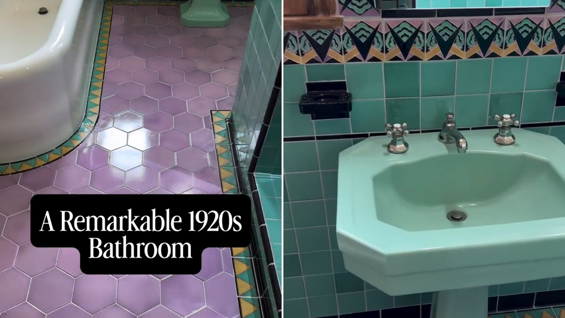 Preserved 1920s bathroom with lavender and green hex tile