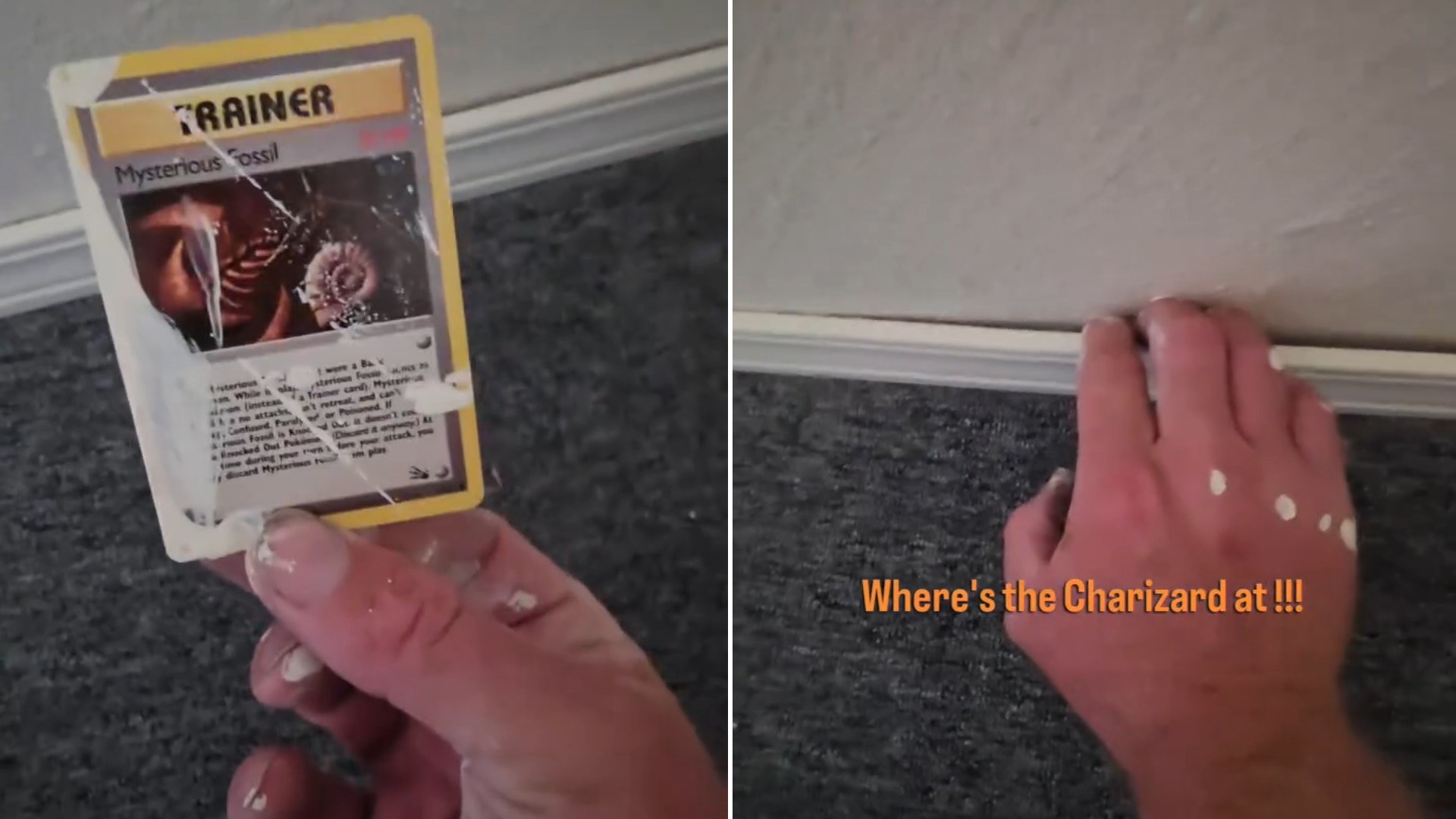 Two moments from an Instagram reel: a hand holding a collectible trading card and a hand with a tool.