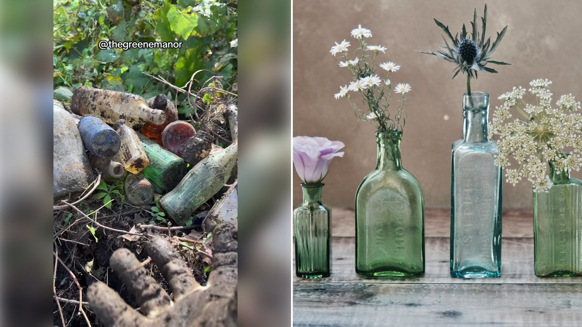 Left: TikTok still of a pile of old bottles and metal outdoors. Right: antique glass bottles and vases (Unsplash photo by James Cousins).