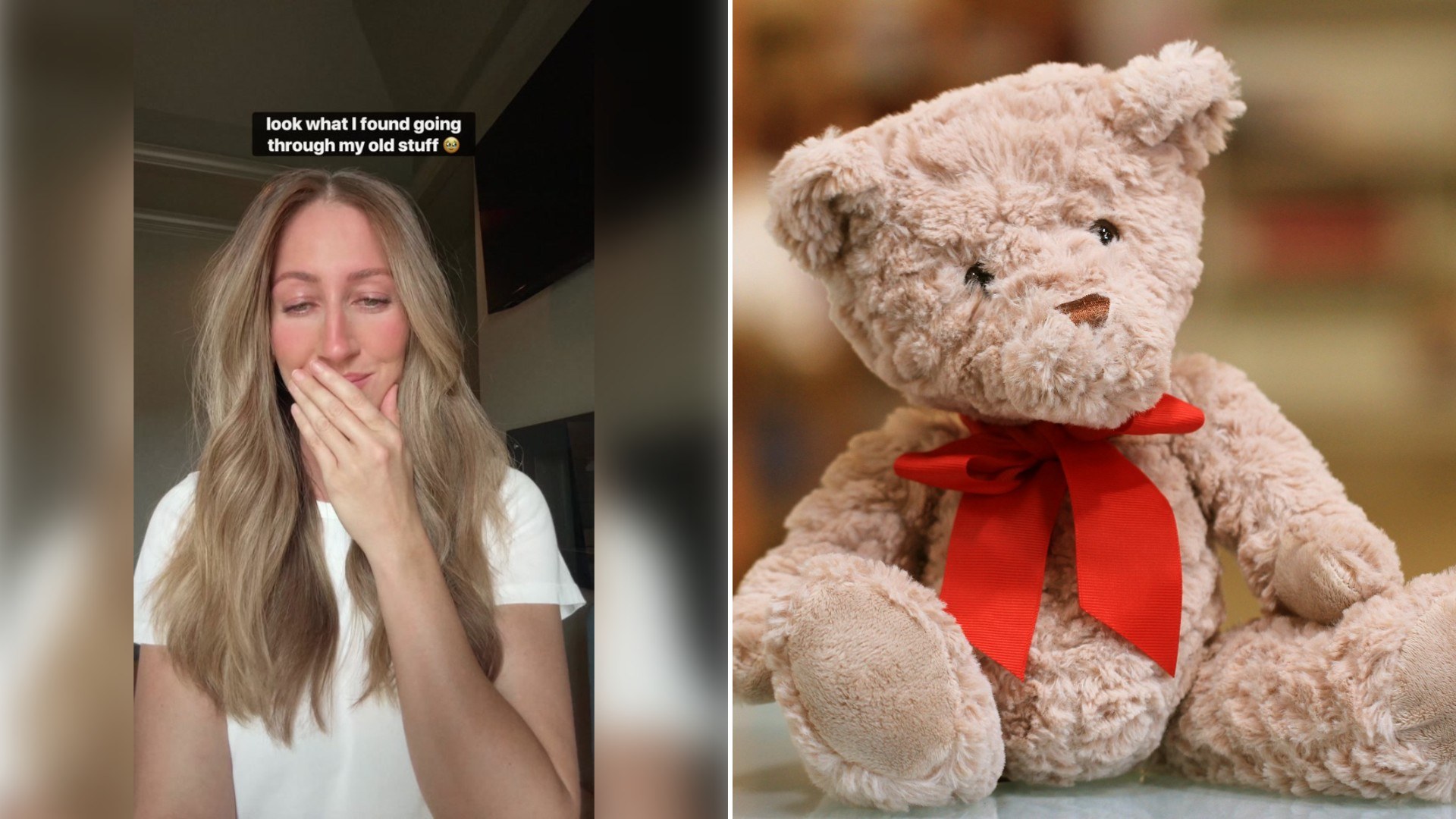 Left: TikTok still of a woman laughing with her hand over her mouth. Right: a well-loved teddy bear with a red bow (Unsplash photo by Sandy Millar).