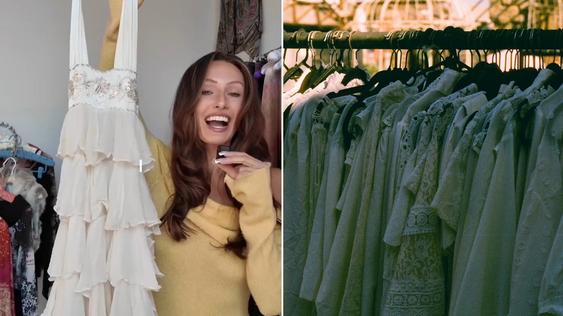 Left: Instagram reel still of a woman in a white tiered dress. Right: white clothing hanging on a rack (Unsplash photo by T (Tanya Barrow)).