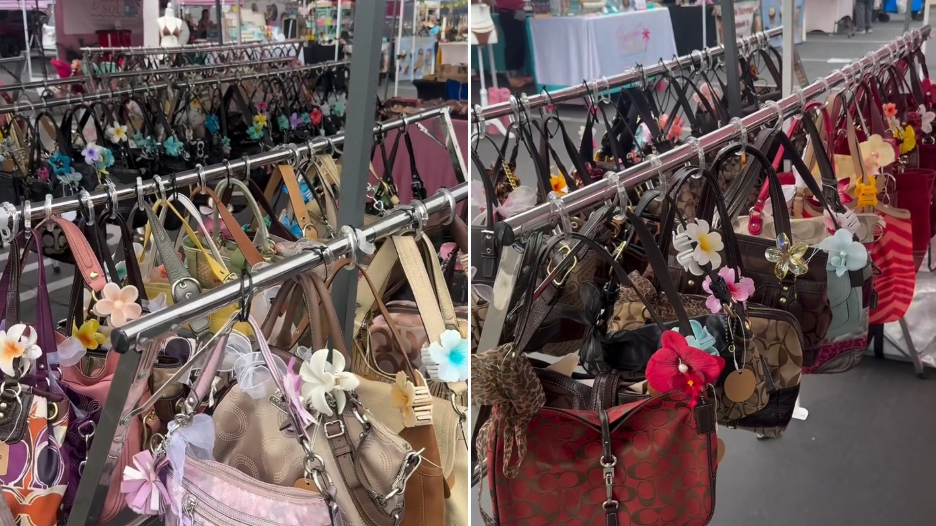 Two moments from an Instagram reel: racks of vintage clothing in a market.