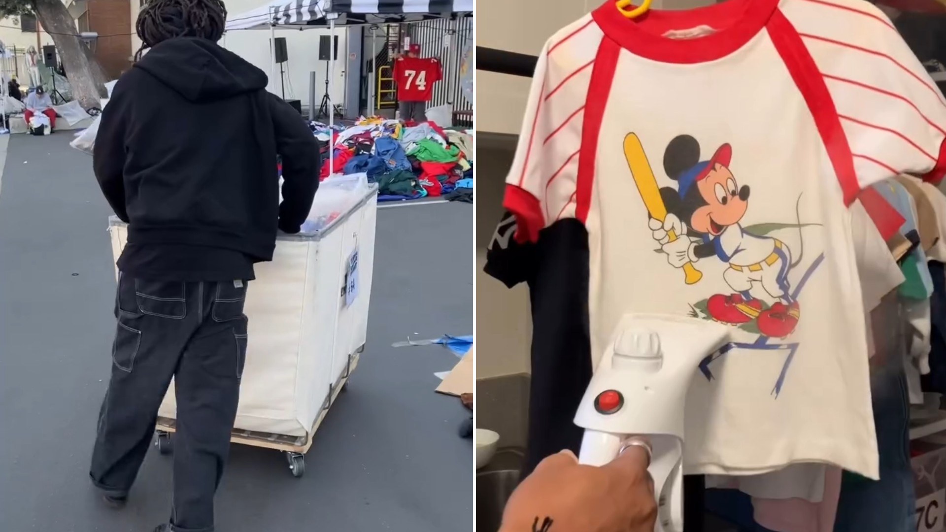 Two moments from an Instagram reel: a thrift haul in the parking lot and a vintage graphic tee.