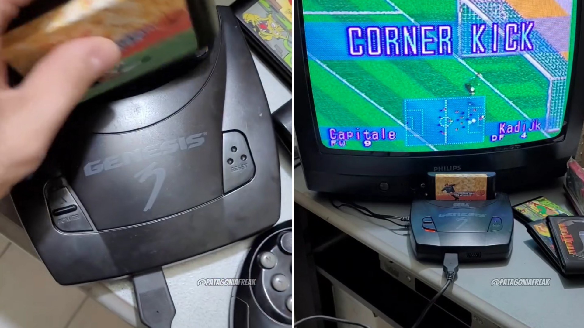 Two moments from an Instagram reel: a vintage radio and a retro golf video game on a TV.