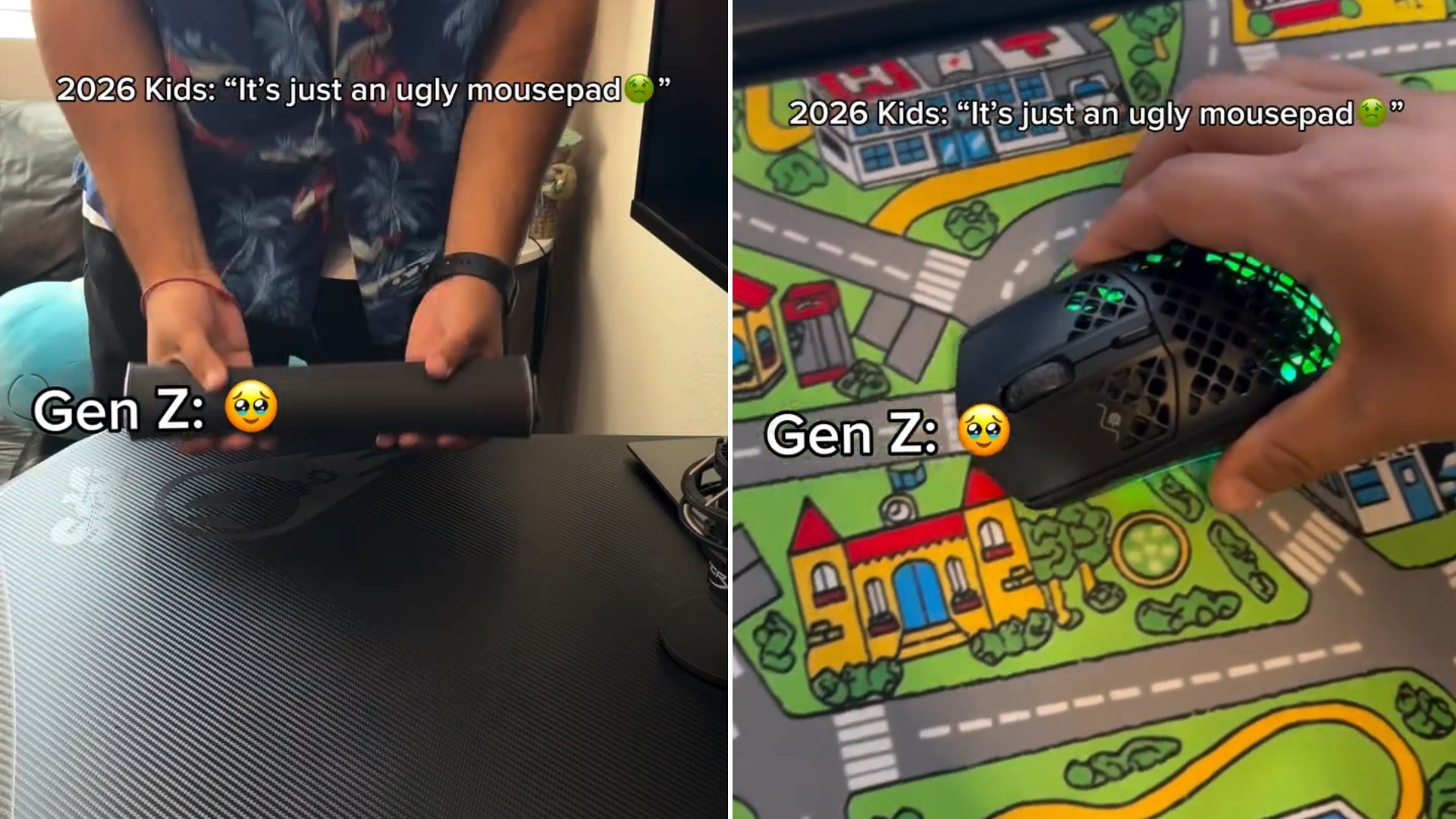 Two moments from an Instagram reel: hands holding a game console and a retro video game play mat.