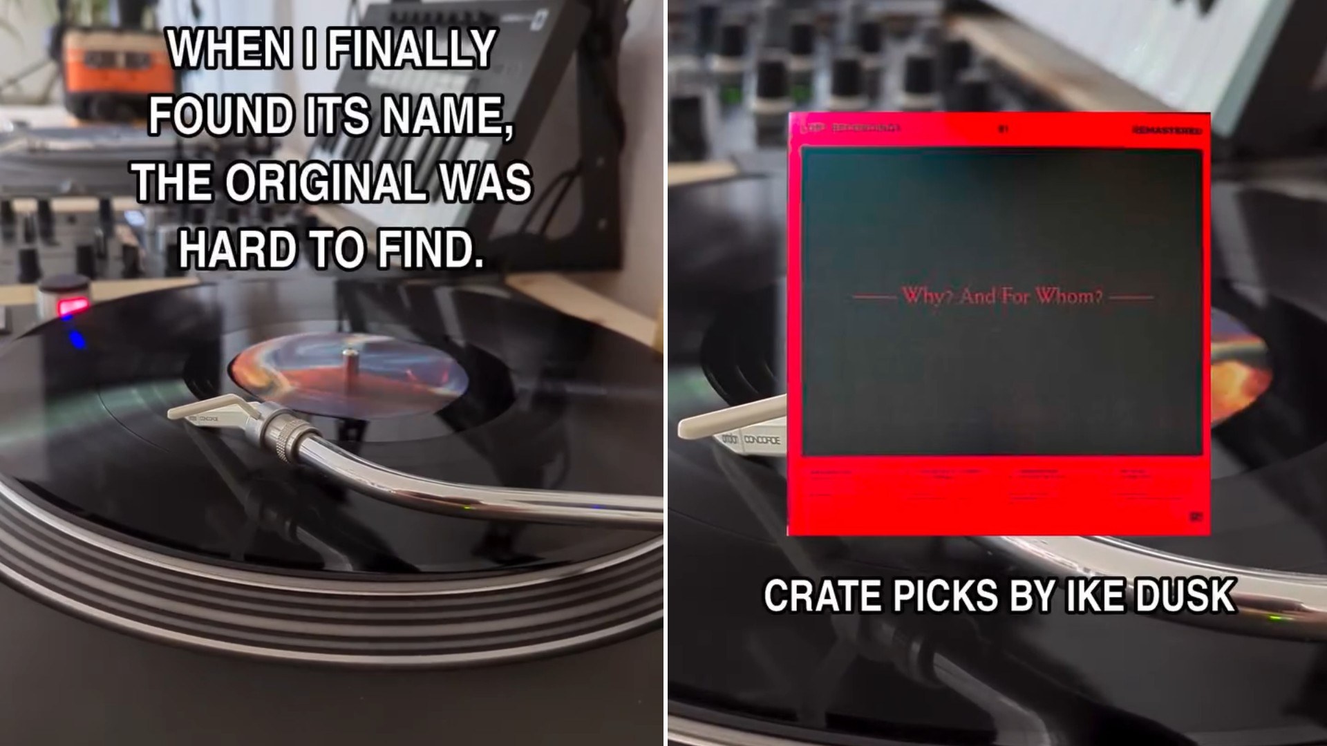 Two moments from an Instagram reel: hands working a turntable and a red keyboard screen.