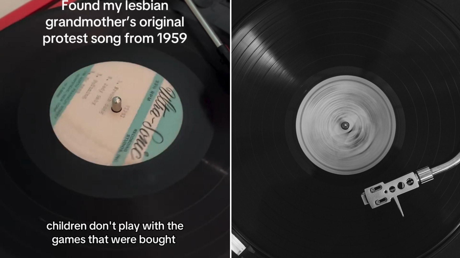 Left: Instagram reel still of a vinyl record with on-screen text. Right: a vinyl record spinning on a turntable (Unsplash photo by Andrea Cipriani).
