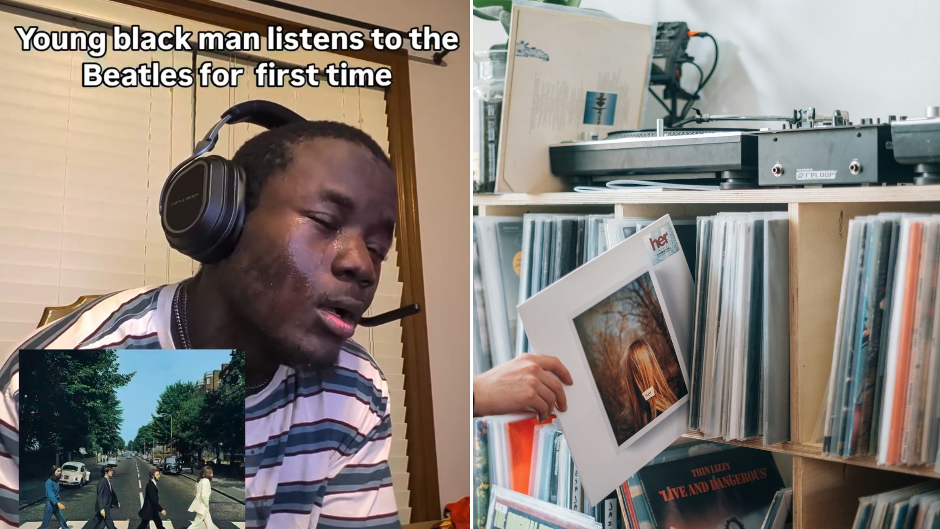 Left: Instagram reel still of a person wearing headphones. Right: a man holding a vinyl album cover (Unsplash photo by Jonas Leupe).