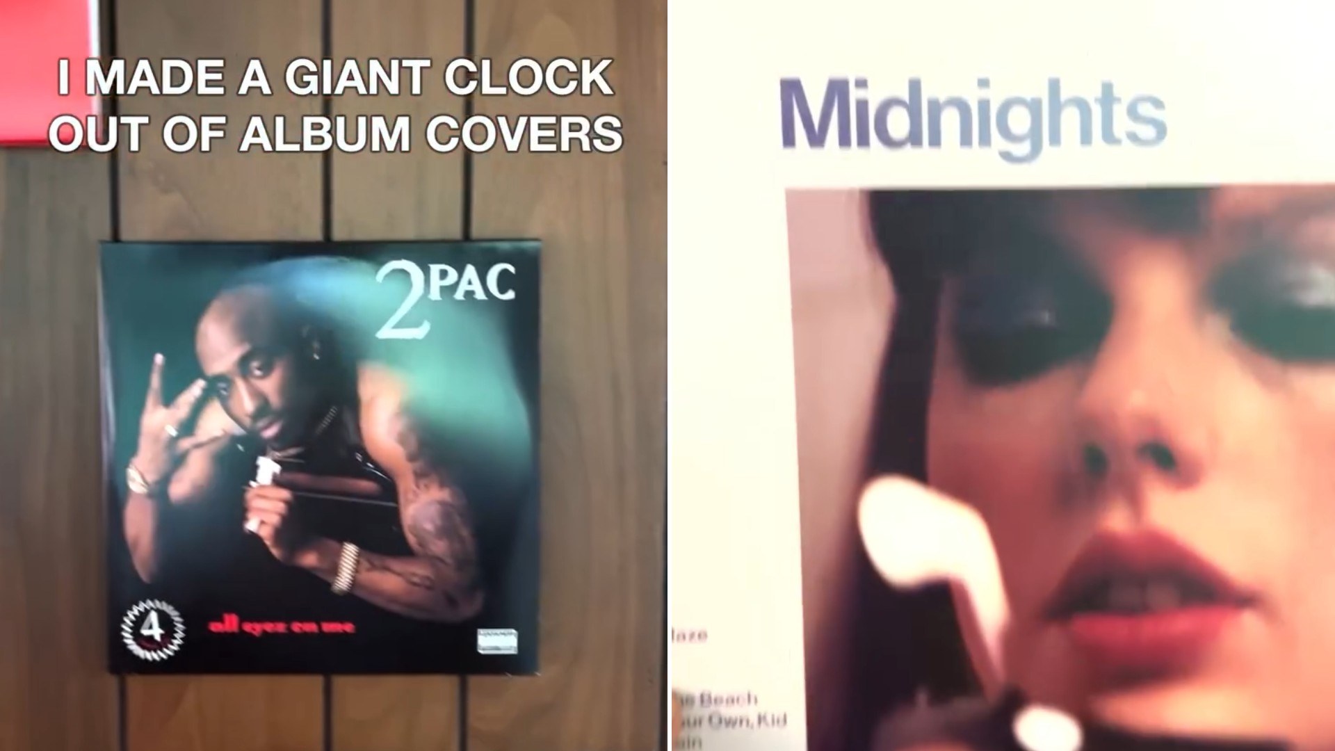 Two moments from an Instagram reel: album posters on a wall and framed record art.