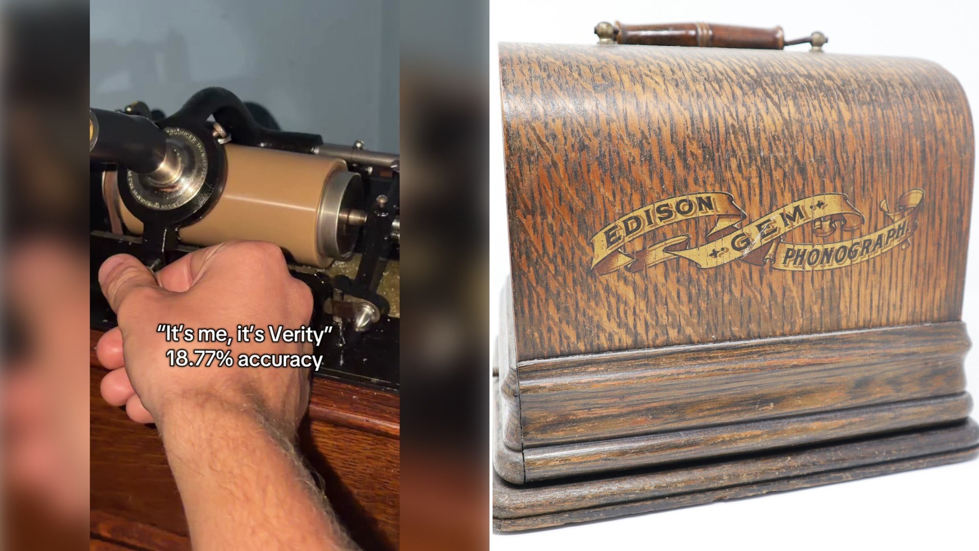 Left: TikTok still of a hand holding a small antique mechanical part. Right: an antique phonograph box (Unsplash photo by Call Me Fred).
