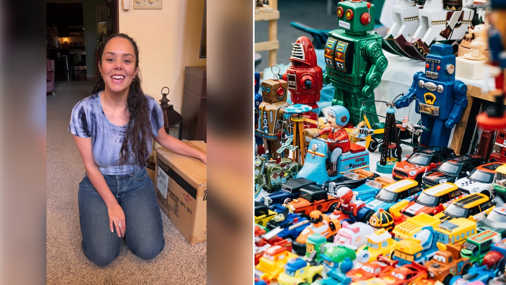 Left: TikTok still of a woman kneeling in a room. Right: colorful retro toys on a table (Unsplash photo by Huy Hung Trinh).