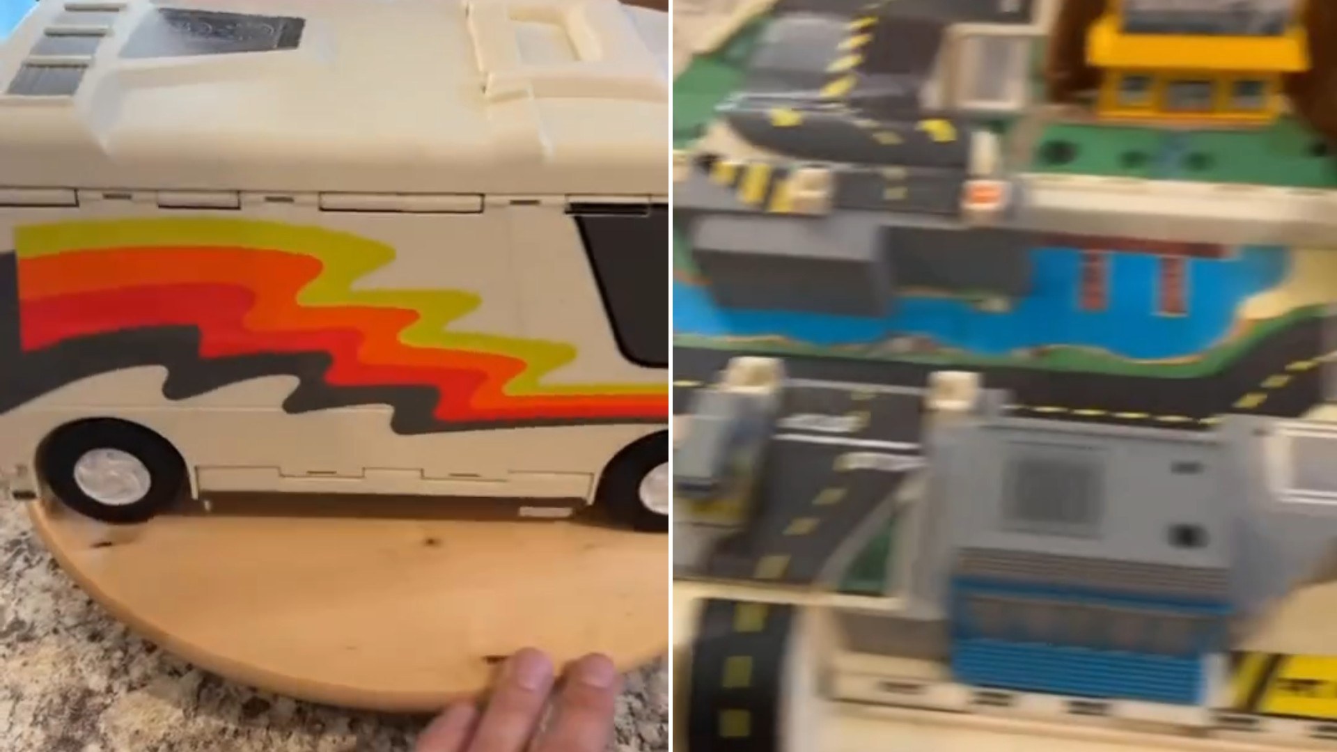 Two moments from an Instagram reel: a toy RV and a toy city play mat.
