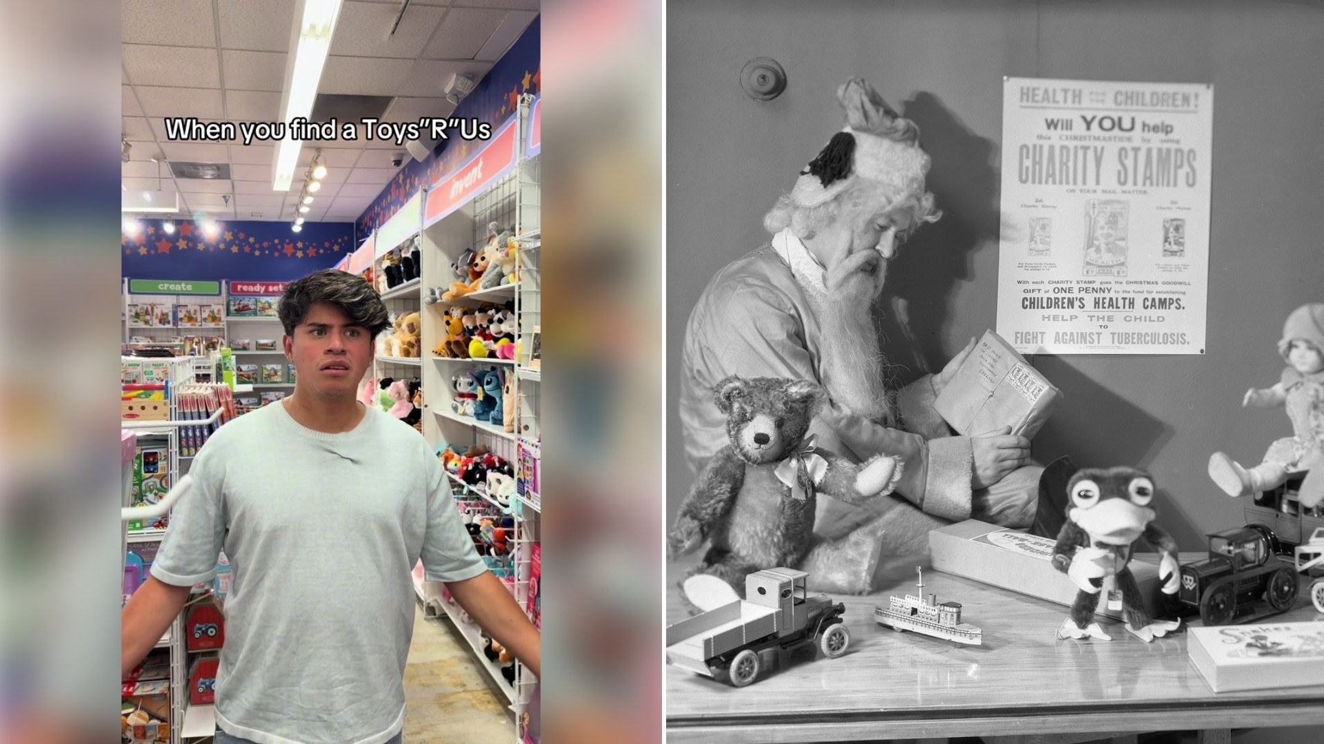 Left: TikTok still of a man standing in a store aisle. Right: vintage dolls and toys on display (Unsplash photo by Museum of New Zealand Te Papa Tongarewa).