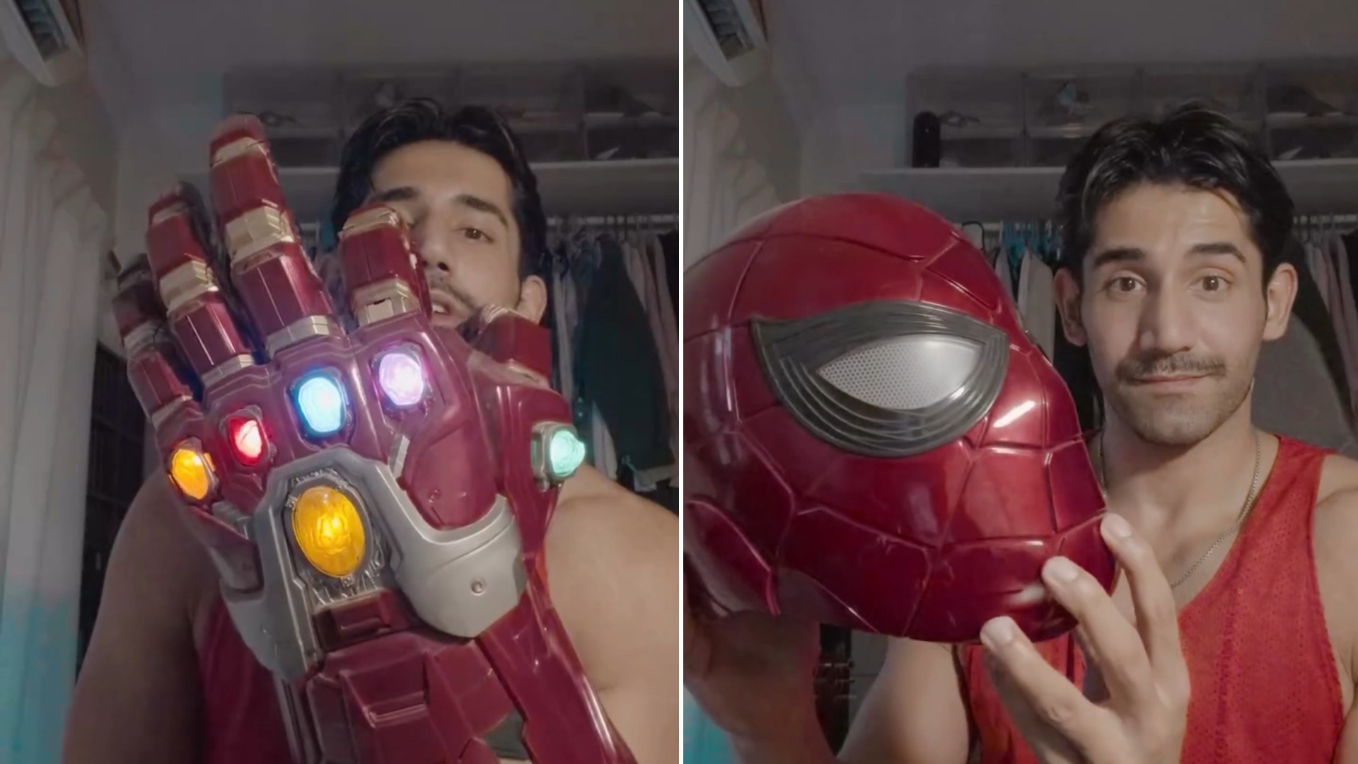 Two moments from an Instagram reel: a man wearing a superhero gauntlet and a shield prop.