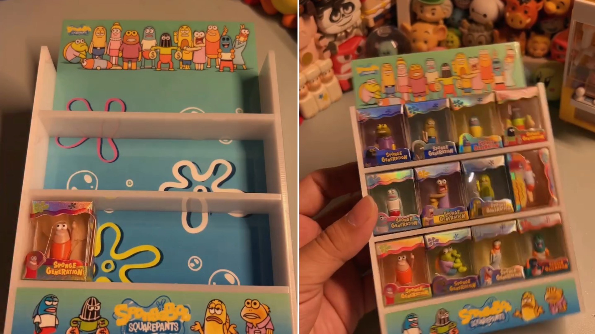 Two moments from an Instagram reel: a miniature shelf display of small toys.