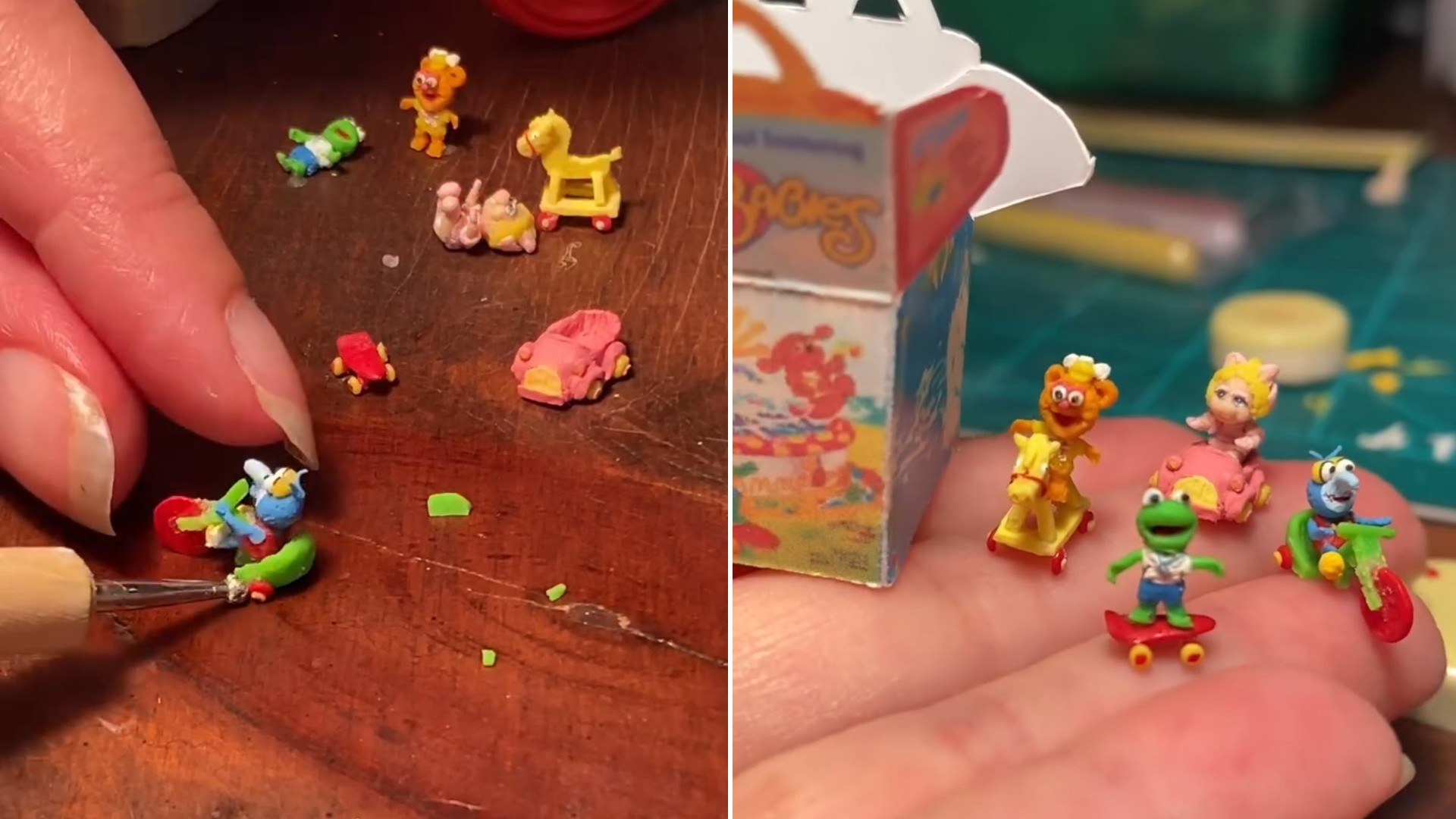 Two moments from an Instagram reel: tiny figurines on a wooden table.